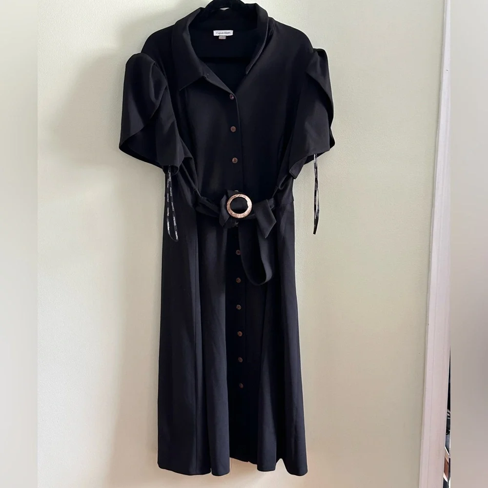 Calvin Klein Black Puff Sleeve Midi Dress - Picture 1 of 4